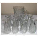 Vintage Jeannette Glass Footed Pitcher & 8 Glasses