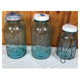 2 Large/1 Medium Blue Ball Jars/Wire Jar Holder