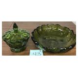 Green Glass Candy Dish & Bowl