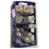 Vtg Glass Bottles And Metal Flower Frog In Crate