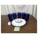 Blue Glass Tumblers And Ceramic Hen Egg Serving...