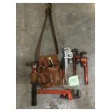 Leather Tool Belt W/ Pipe Wrenches And Hammer