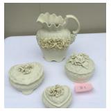 Cream Ceramic Pitcher And Trinket Boxes