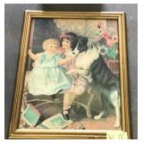 Vtg Framed Print Children And Collie Dog