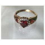 10K Gold Garnet And Diamond Heart Ring Size 6