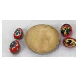 Vintage Wooden Bowl & Painted Eggs