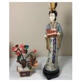 Vintage Cloisonne Figurine And Floral Tree