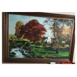 Signed Landscape Oil Painting Church Autumn