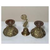 Pair Ornate Brass Candlesticks & Crane Bell