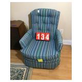 Vtg Blue Striped Upholstered Swivel Rocker