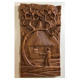 Hand-Carved Wood Village Scene Plaque