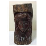 Hand-Carved Wood Log Sculpture Female Face