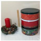 Beautiful Vtg Christmas Tins And Candle Wreath