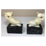 Pair Of Alabaster Owl Figurines On Marble Bases