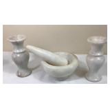 White Marble Mortar Pestle & Vase Set