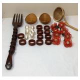 Carved Wood Serving Fork & Napkin Ring Set