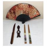 Vintage Folding Fan And Wooden Utensil Set