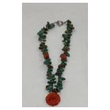 Beautiful Turquoise And Red Coral Rose Necklace