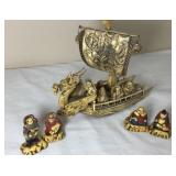 Vintage Resin Dragon Boat & Figurine Set
