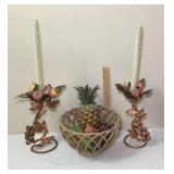 Beautiful Vtg Metal Fruit Basket & Candlesticks