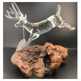Clear Glass Deer Figurine On Wood Base
