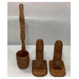 Hand-Carved Wood Tiki Ladle & Wall Brackets
