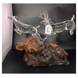 Clear Glass Dual Deer Figurine On Wood Base