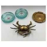 Brass blue crab & ashtray & Indiana glass candle