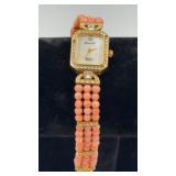 Ladies Lucoral Diamond quartz coral bead gold