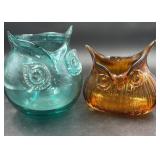 Green & amber glass owl jars