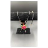 Black beaded choker necklace 16" w/ bracelet &