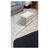 tessellated stone base coffee table W/ glass top.