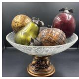 Vtg ornate resin base crackle glass fruit bowl
