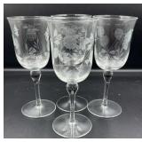 Etched flower bulb stemmed wine goblets