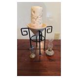 Wrought Iron Candle Stand, Mini Oil Lamp & Glass