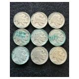 Lot of 9 Buffalo Nickels  1936