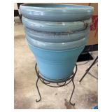 Blue Plastic Planter Pots (5) with Wrought Iron