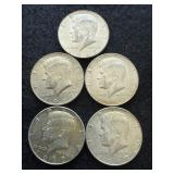 5 Kennedy Half Dollars  1967, 40% Silver