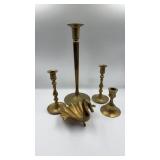 Four brass Candlesticks & Figural Swan DishA