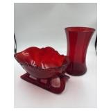 Ruby Red Glass Sleigh Dish & Vase  Marked, 2