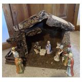Vintage Nativity Set  Wood Bark Stable with