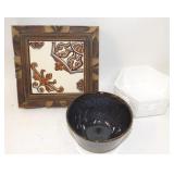 Mexican Tile Trivet, Milk Glass, Pottery Bowl