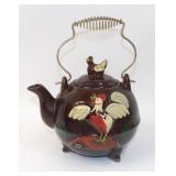 1940s Redware Pottery Teapot Rooster Chickens