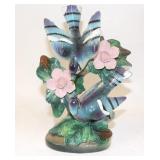 Ceramic Blue Jay Birds on Pink Flowering Branches
