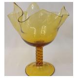 Blown Amber Glass Handkerchief Pedestal Bowl