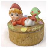 Homco Pocelain Pixie Elf & Mushroom Trinket Box