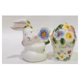 White Bunny Rabbit by Pot of Blooming Flowers
