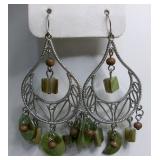 Silver Filigree Green Shell Chandelier Earrings