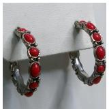 Silver-Tone and Red Coral Colored Stone Earrings