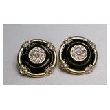 1980s Black Enamel Rhinestone Button Clip Earrings